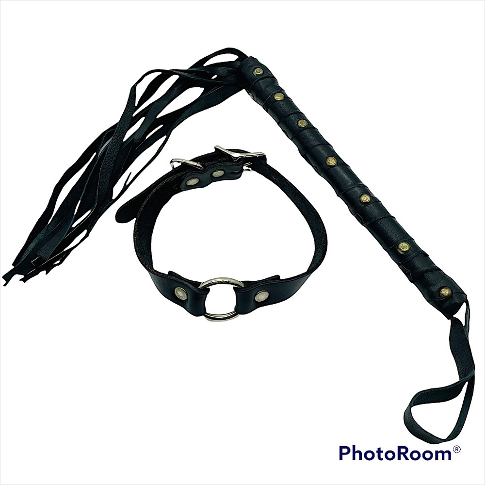 Black Leather Tassel Riding Whip & O Ring Choker